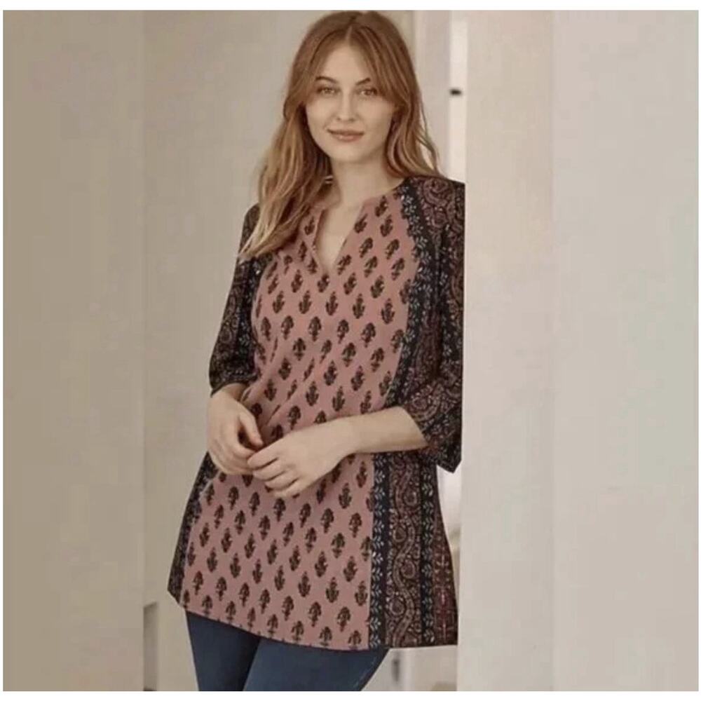 Pure Jill Folkloric Stamped V-Neck Tunic XL Cotton Linen Blend Boho Pink Brown